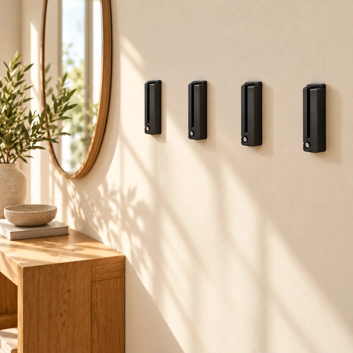Quatre patères noires repliées contre le mur d’une entrée