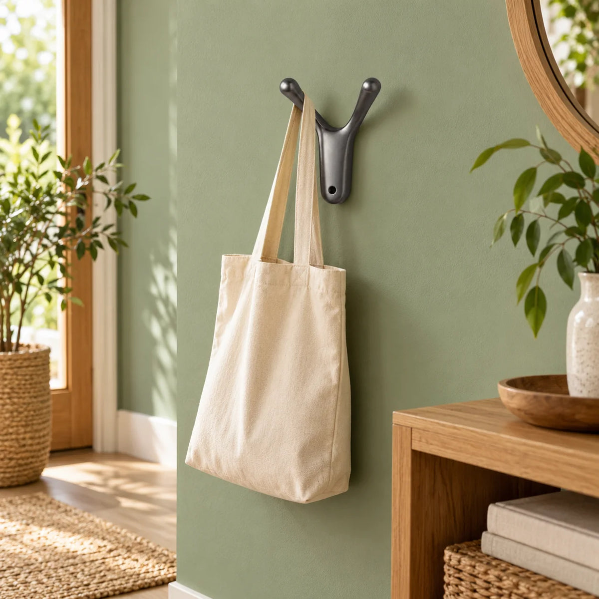 Patère Antenne gris graphite portant un sac en toile sur mur vert sauge