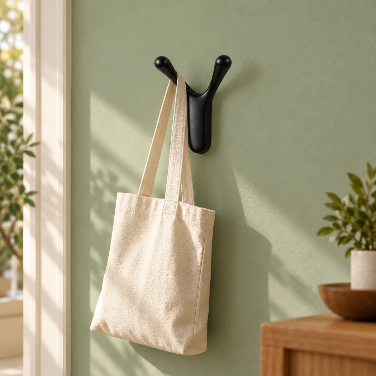 Patère Antenne noire portant un sac en toile sur mur vert sauge