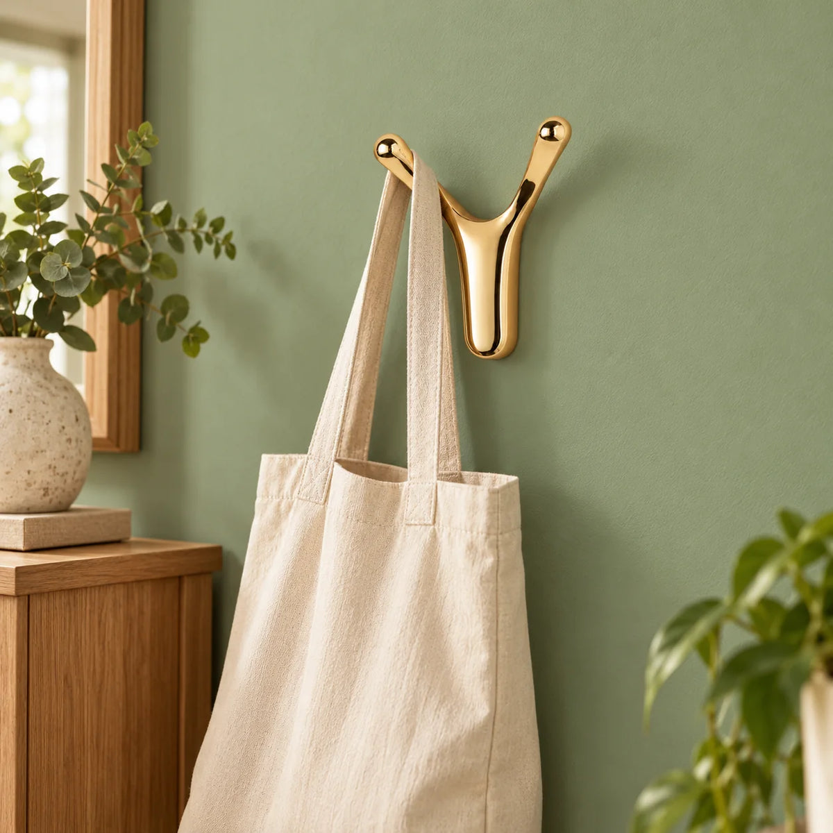 Patère Antenne dorée portant un sac en toile sur mur vert sauge