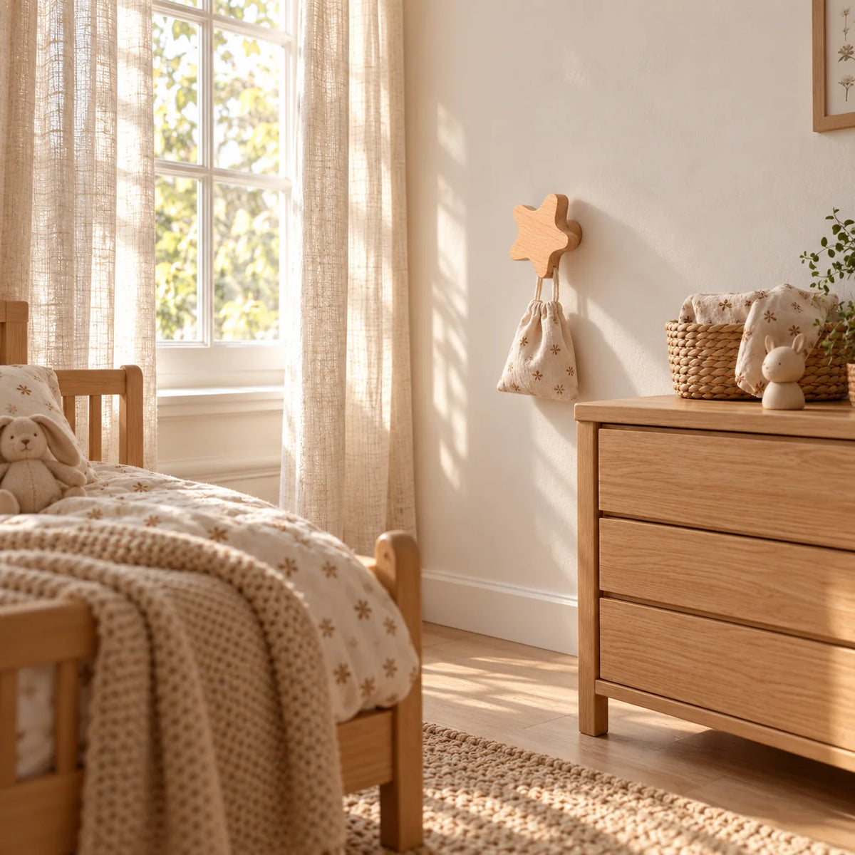 Patère étoile beige dans l’ensemble de la chambre d’enfant, sans dimensions chiffrées