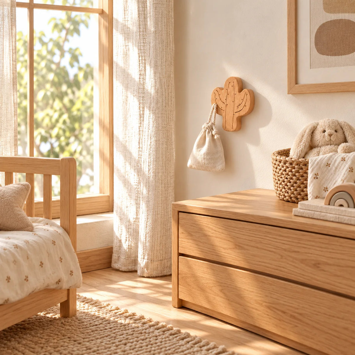 Patère cactus en bois naturel dans l’ensemble de la chambre d’enfant, sans dimensions chiffrées