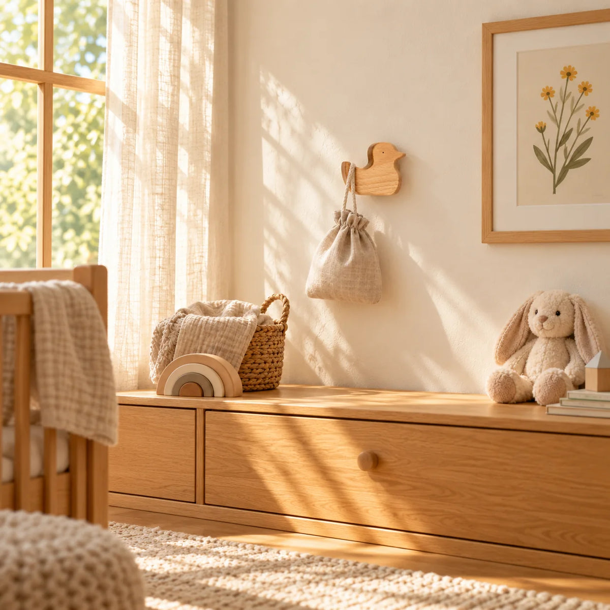 Patère canard en bois clair dans l’ensemble de la chambre d’enfant, sans dimensions chiffrées