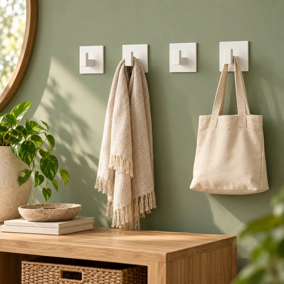 Quatre patères Original blanches avec écharpe et sac sur mur vert sauge