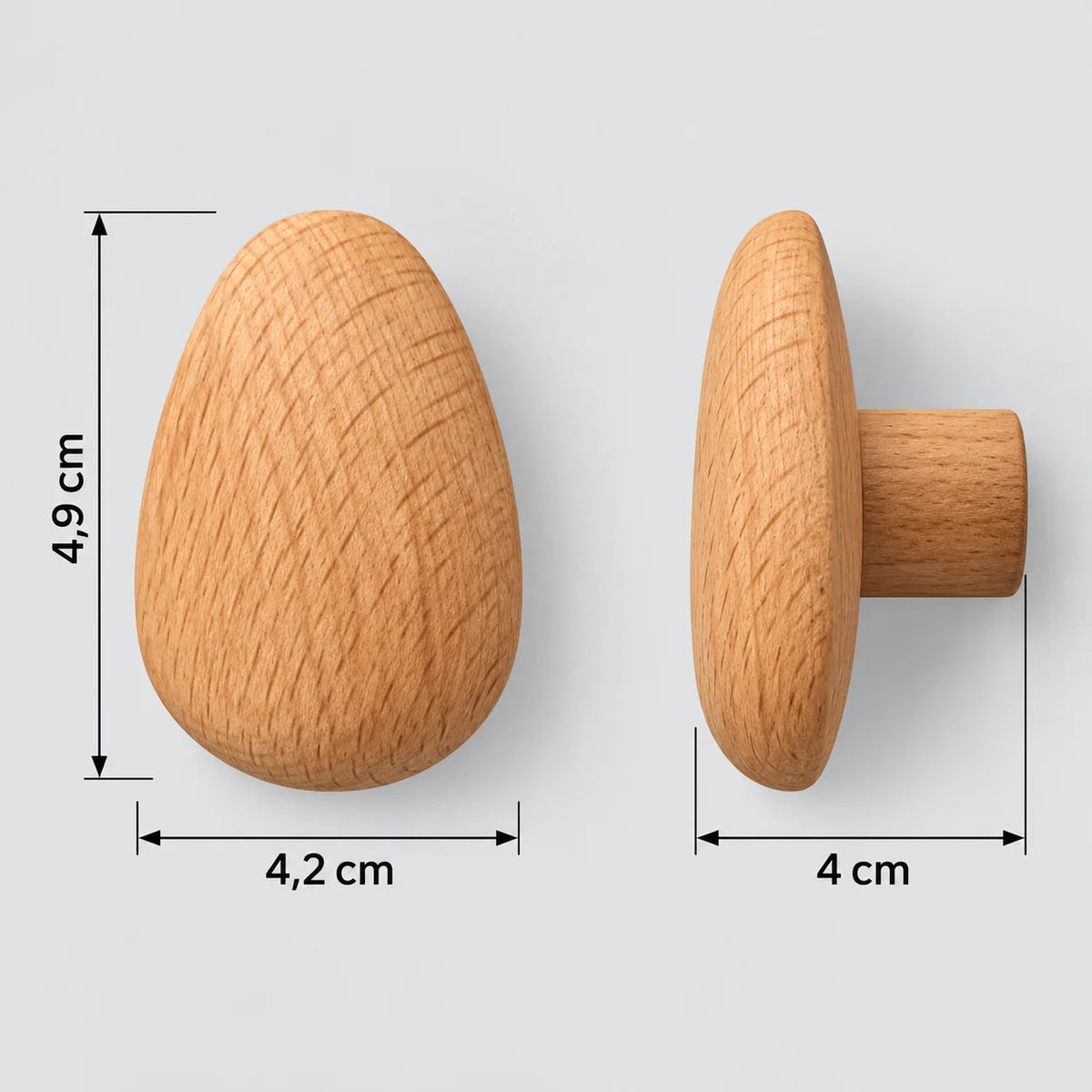 Dimensions de la patère ovale en bois : hauteur 4,9 cm, largeur 4,2 cm et profondeur 4 cm