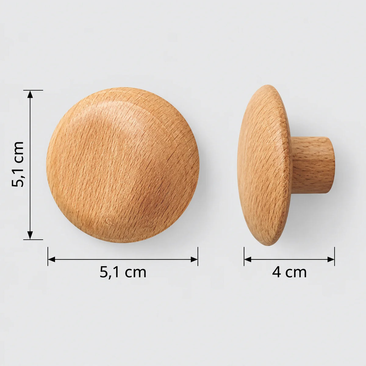 Dimensions vérifiées de la patère ronde en bois : diamètre 5,1 cm et profondeur 4 cm