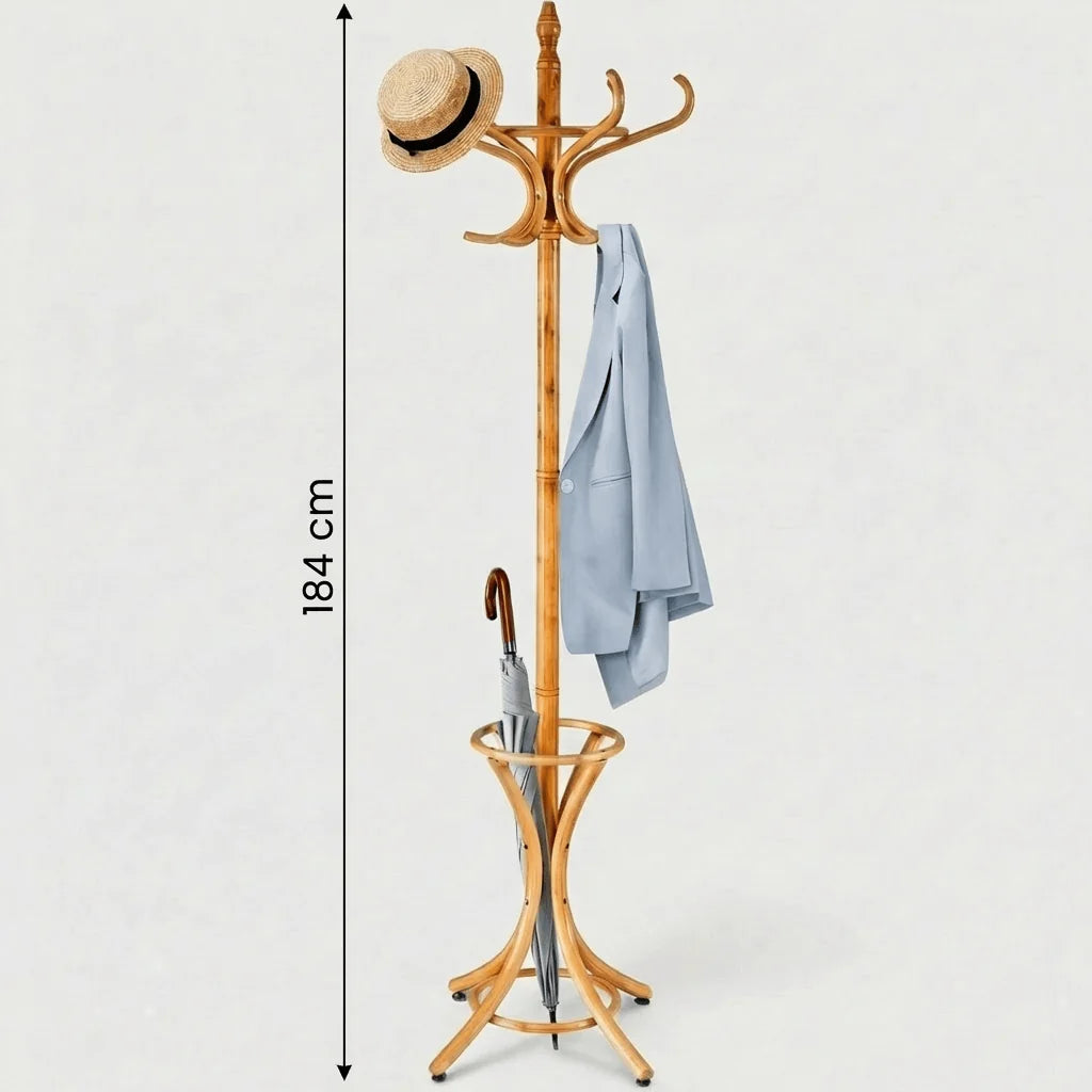 Dimensions du porte-manteau perroquet bois clair : hauteur totale 184 cm