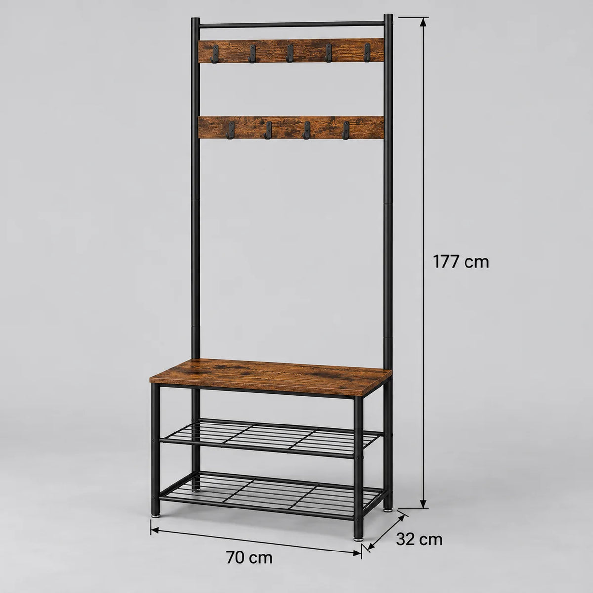 Dimensions du porte-manteau banc en bois brun foncé : hauteur 177 cm, largeur 70 cm, profondeur 32 cm