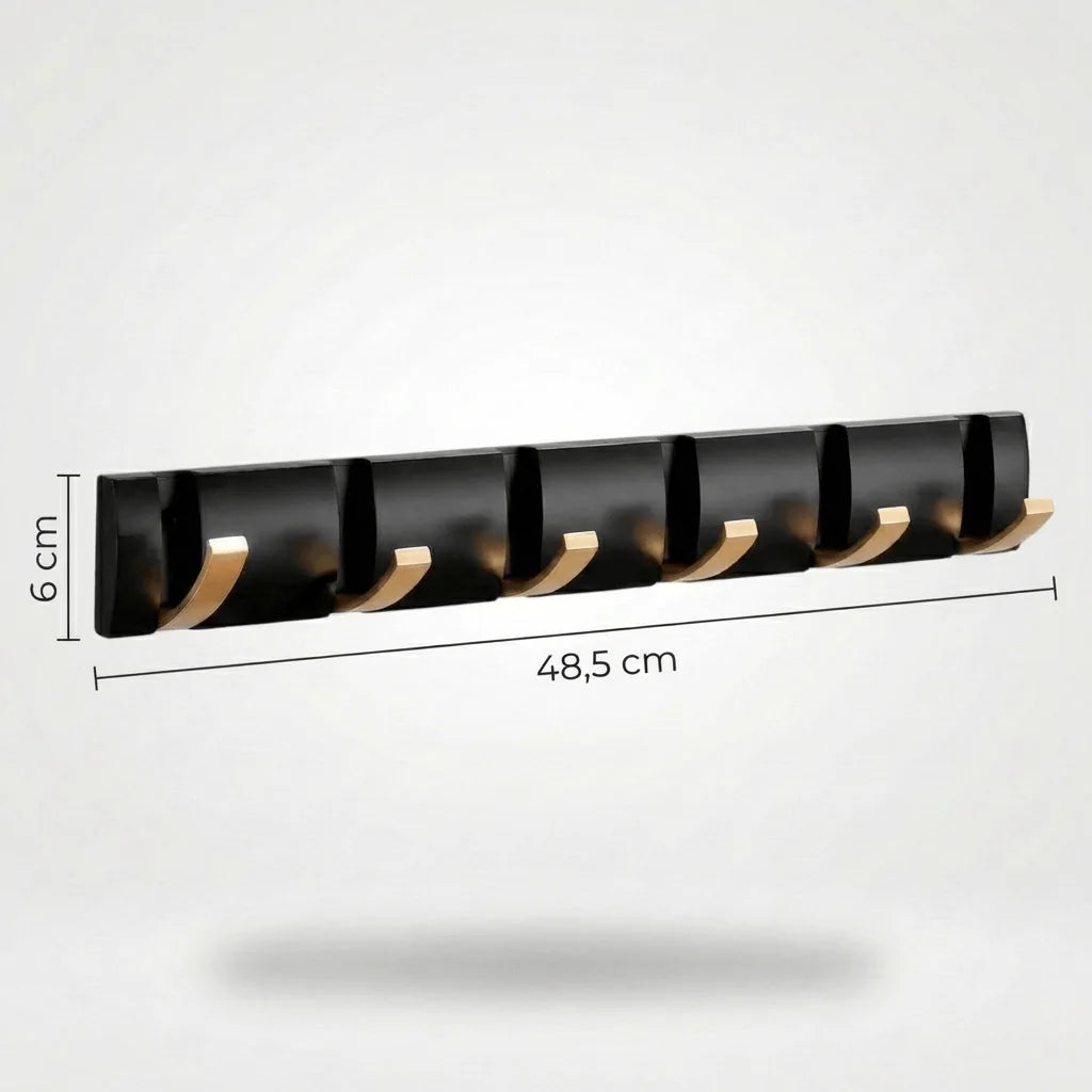 Dimensions vérifiées du porte-manteau mural noir et doré : 48,5 cm de long et 6 cm de haut