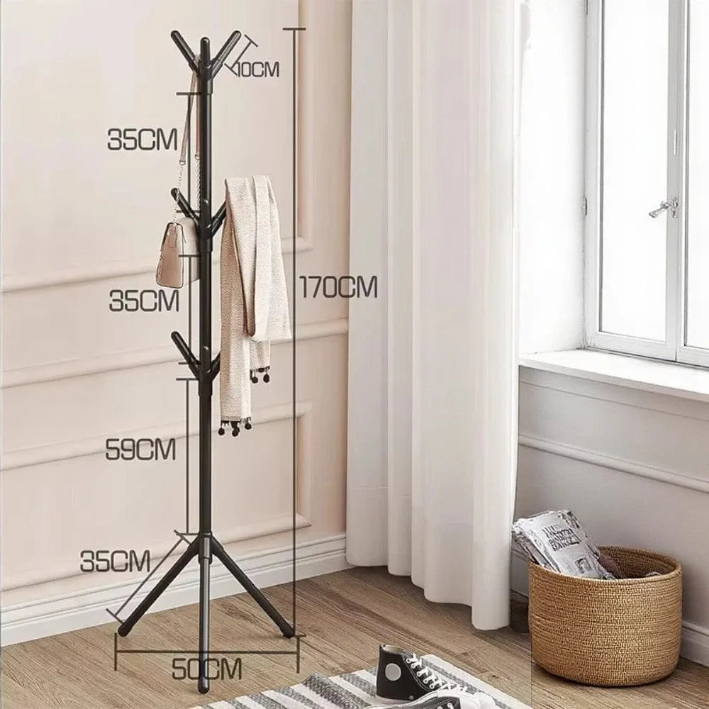 Dimensions vérifiées du porte-manteau sur pied noir : hauteur 170 cm et largeur de base 50 cm