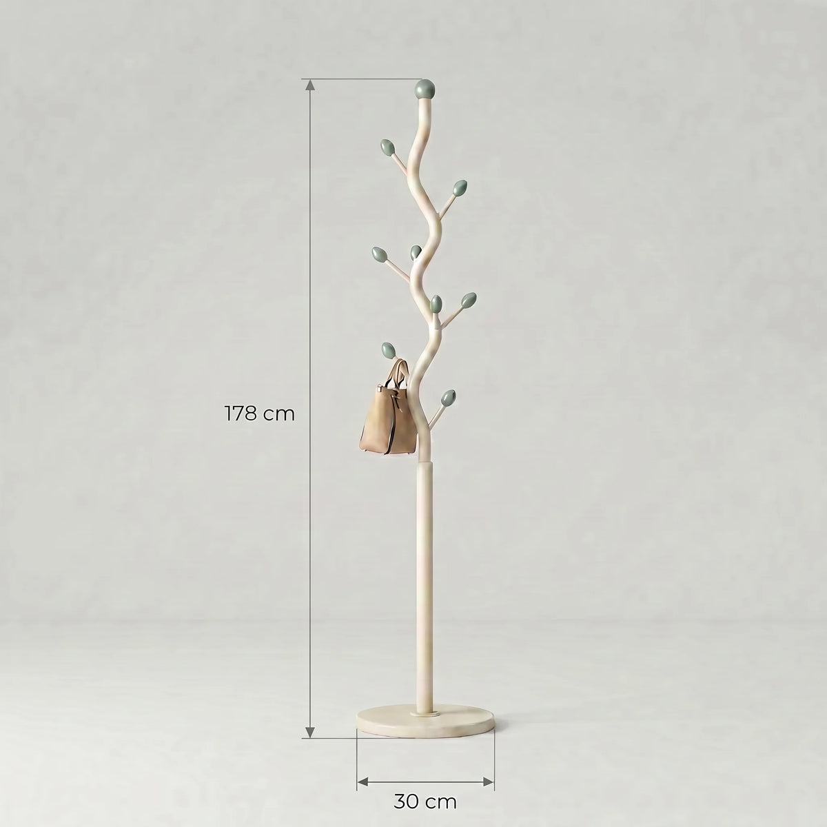 Dimensions vérifiées du porte-manteau ivoire : hauteur totale 178 cm et diamètre de la base ronde 30 cm