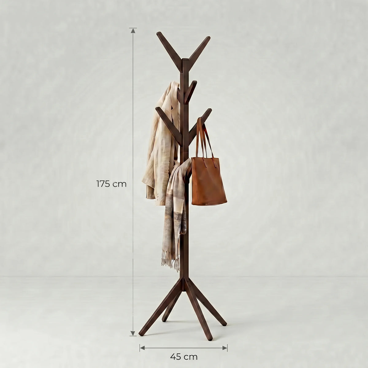 Dimensions du porte-manteau arbre en bois foncé : hauteur 175 cm, base 45 cm