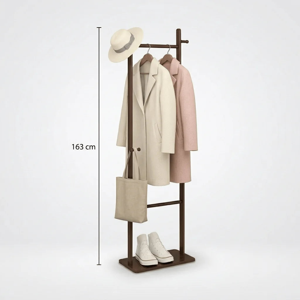 Dimensions connues du porte-manteau sur pied en bois foncé : hauteur 163 cm