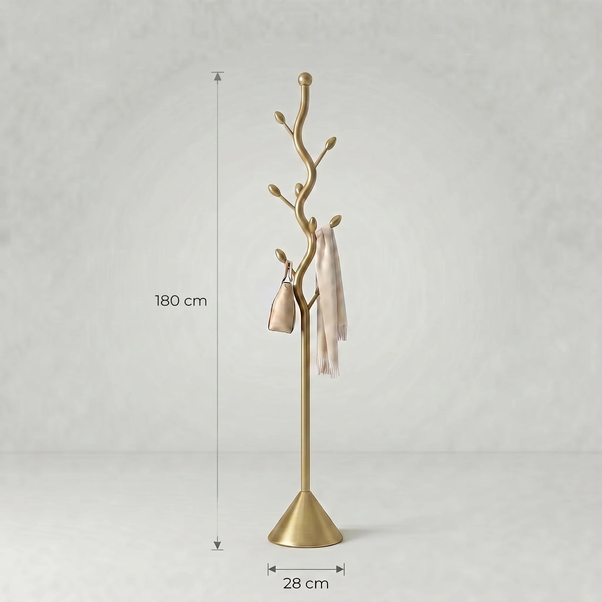 Dimensions vérifiées du porte-manteau arbre doré : hauteur totale 180 cm et largeur de la base conique 28 cm