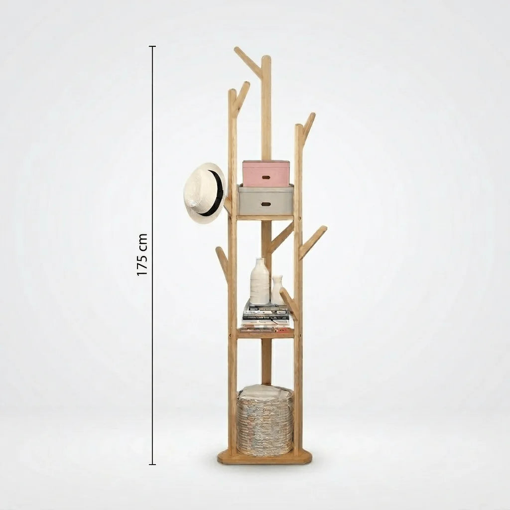 Dimension du porte-manteau d'entrée en bois clair : hauteur totale 175 cm