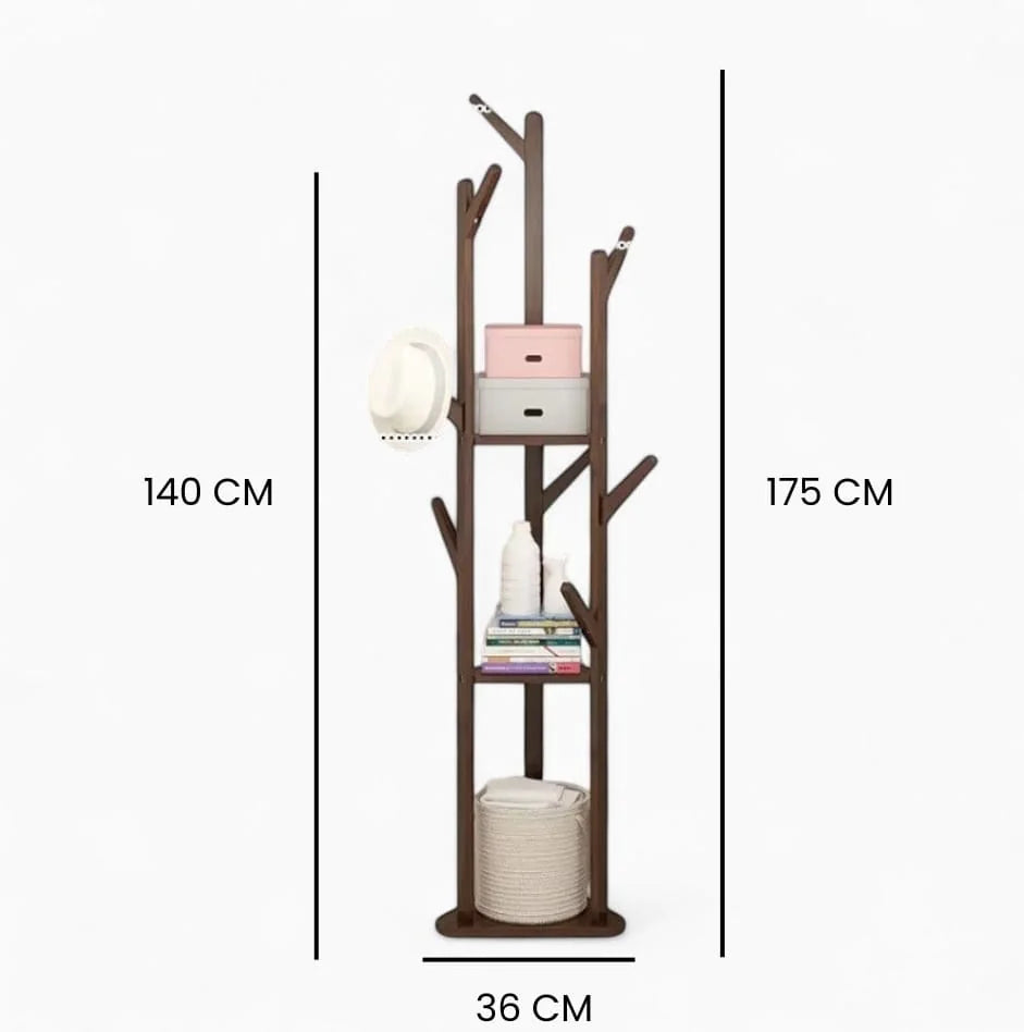 Dimensions du porte-manteau sur pied en bois foncé : hauteur 175 cm et largeur de base 36 cm