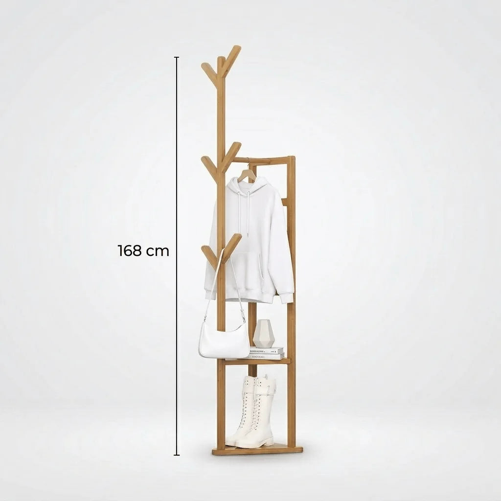 Dimensions du porte-manteau multifonction en bois clair : hauteur 168 cm