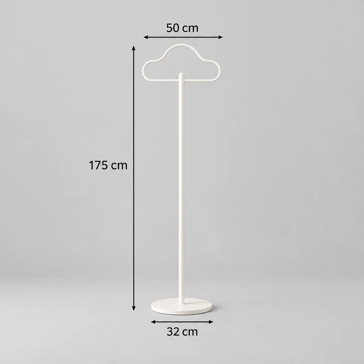 Dimensions indiquées sur la photo d'origine du porte-manteau Nuage blanc : hauteur 175 cm, largeur 50 cm, socle 32 cm