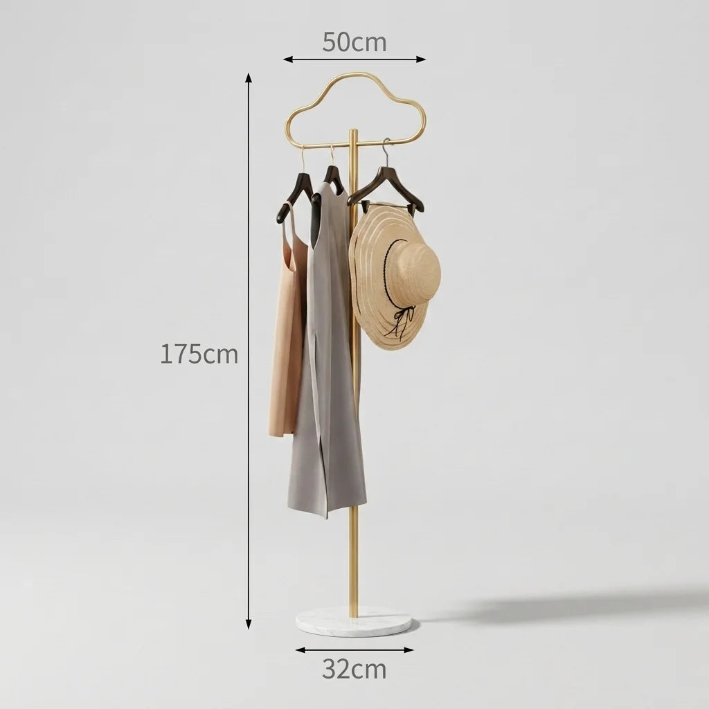 Dimensions indiquées sur la photo d'origine du porte-manteau Nuage d'or : hauteur 175 cm, largeur 50 cm, socle 32 cm