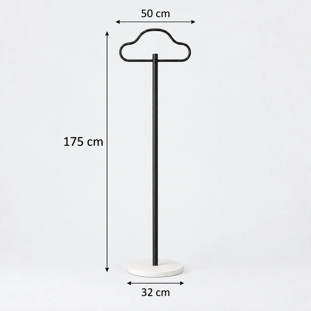 Dimensions indiquées sur la photo d'origine du porte-manteau Nuage noir : hauteur 175 cm, largeur 50 cm, socle 32 cm