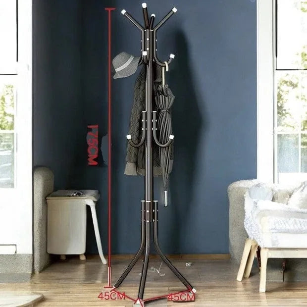 Dimensions vérifiées du porte-manteau perroquet noir : hauteur 175 cm et base 45 × 45 cm