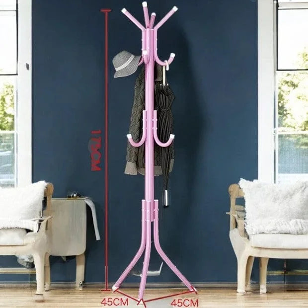 Dimensions vérifiées du porte-manteau perroquet rose : hauteur 175 cm et base 45 × 45 cm