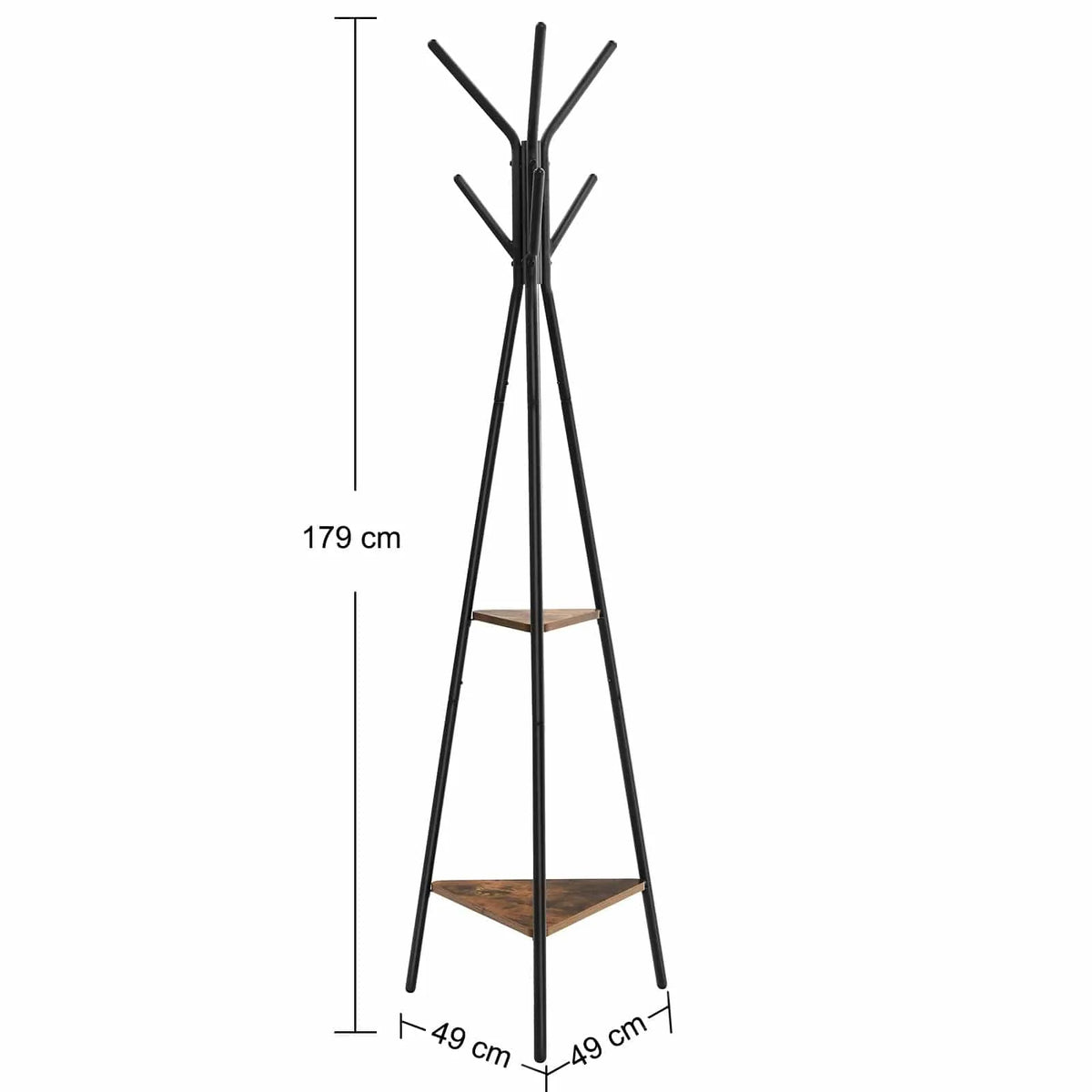 Dimensions du porte-manteau trépied noir : hauteur 179 cm et base 49 × 49 cm