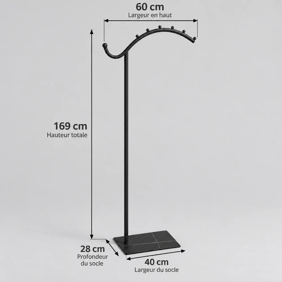 Dimensions du porte-manteau voûté noir : hauteur 169 cm, envergure 60 cm, socle 40 × 28 cm