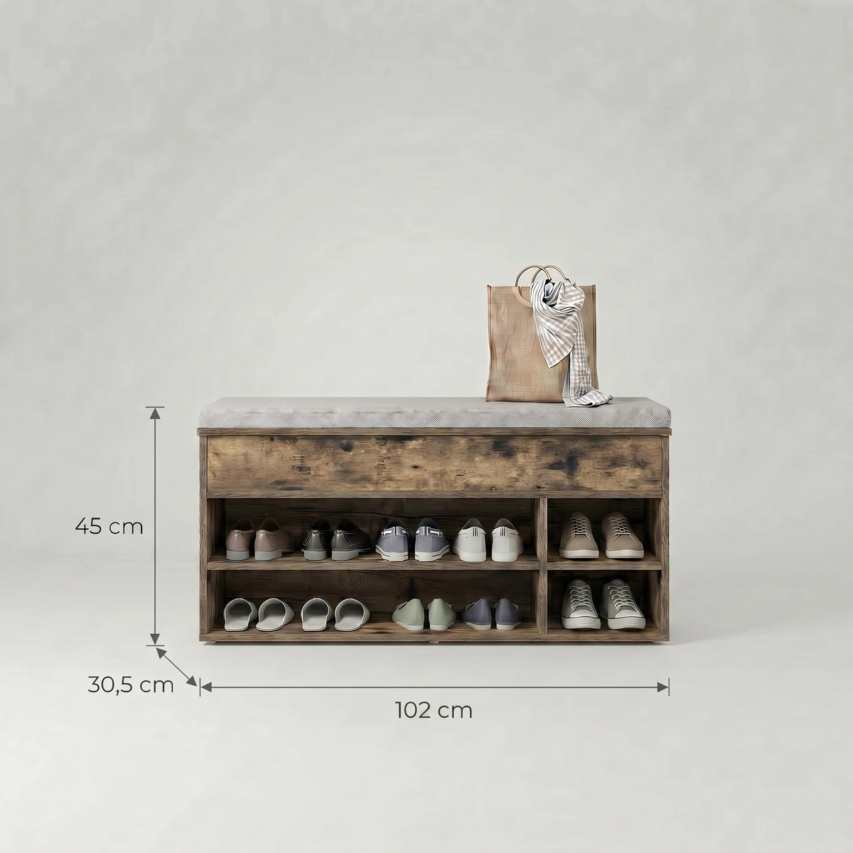 Dimensions du banc à chaussures en bois marron foncé : 45 cm de hauteur, 102 cm de largeur et 30,5 cm de profondeur