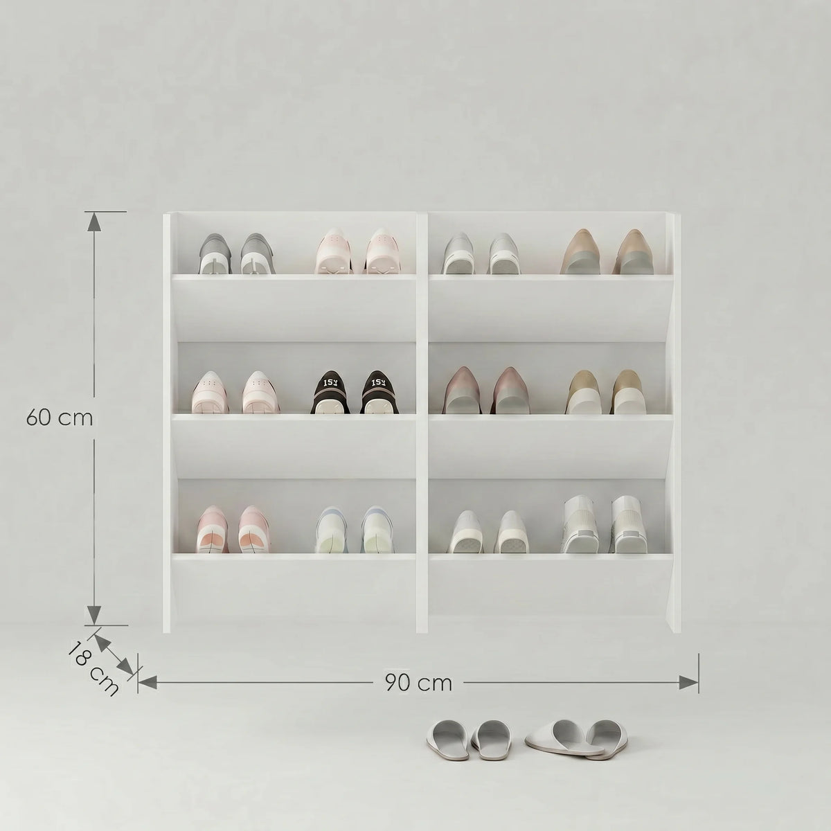 Dimensions du rangement mural à chaussures blanc : 60 cm de hauteur, 90 cm de largeur et 18 cm de profondeur