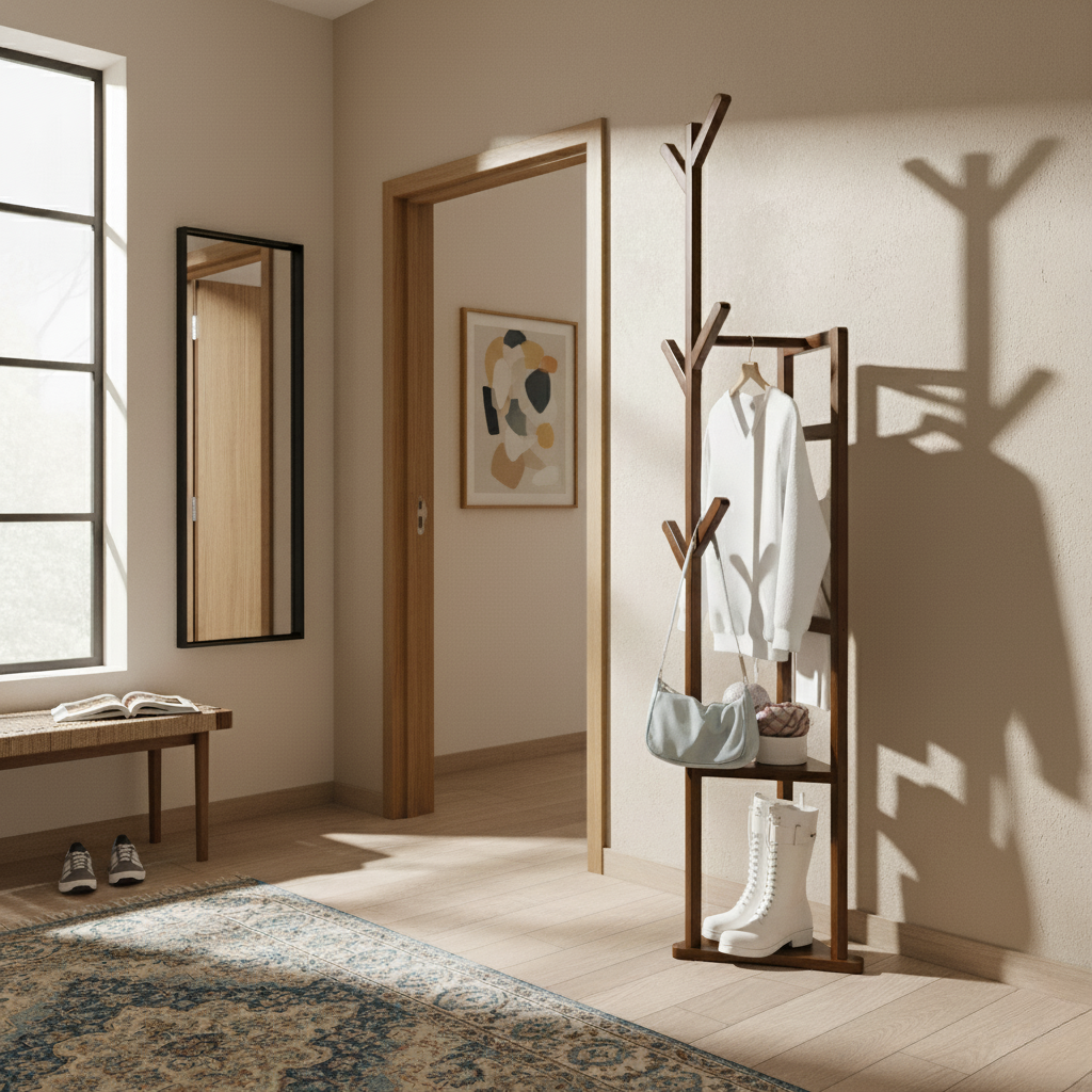 Porte Manteau sur Pied Multifonction bois foncé