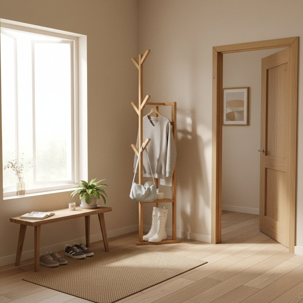 Porte Manteau sur Pied Multifonction bois claire