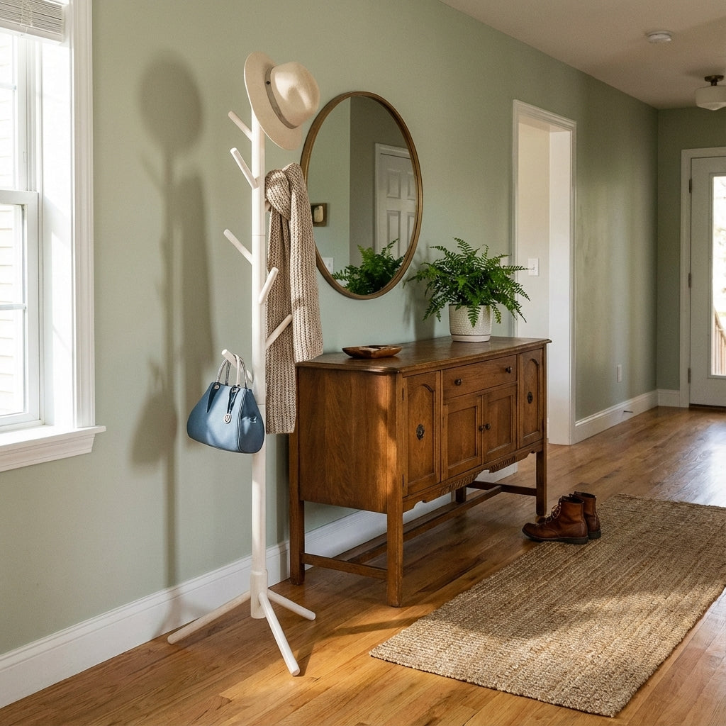 Porte Manteau sur Pied Arbre 12 Crochets Base Croisée blanc