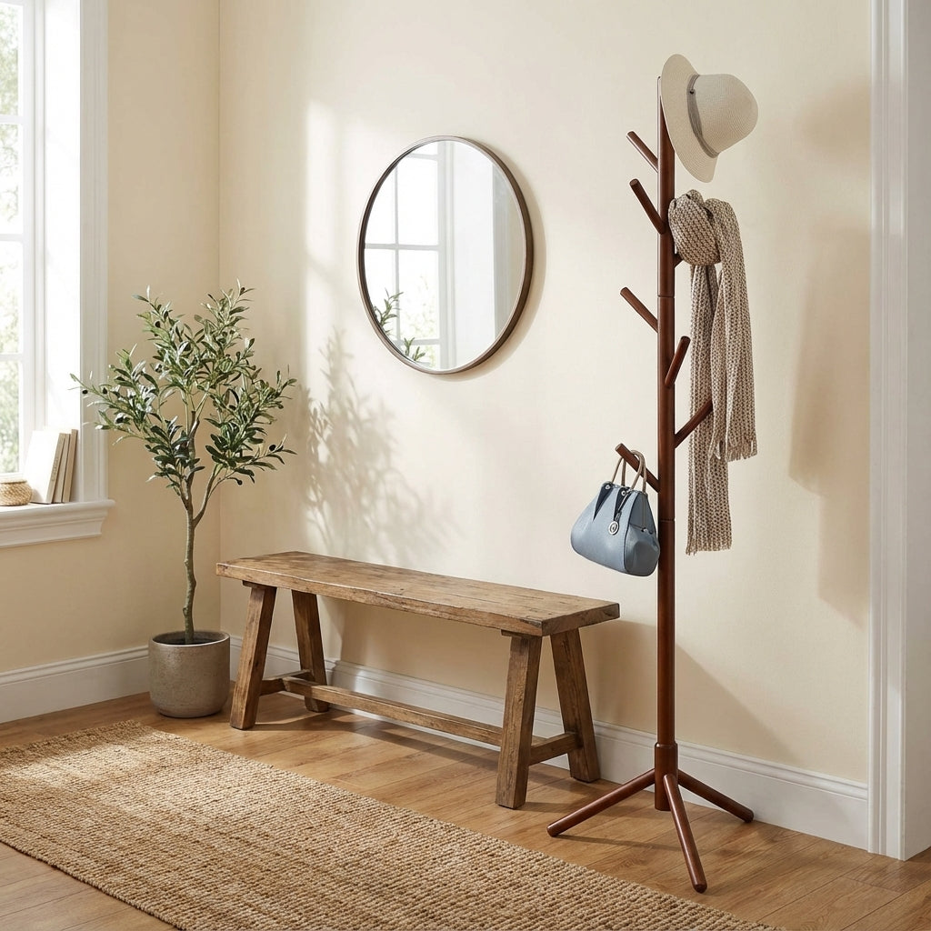 Porte Manteau sur Pied Arbre 12 Crochets Base Croisée bois foncé