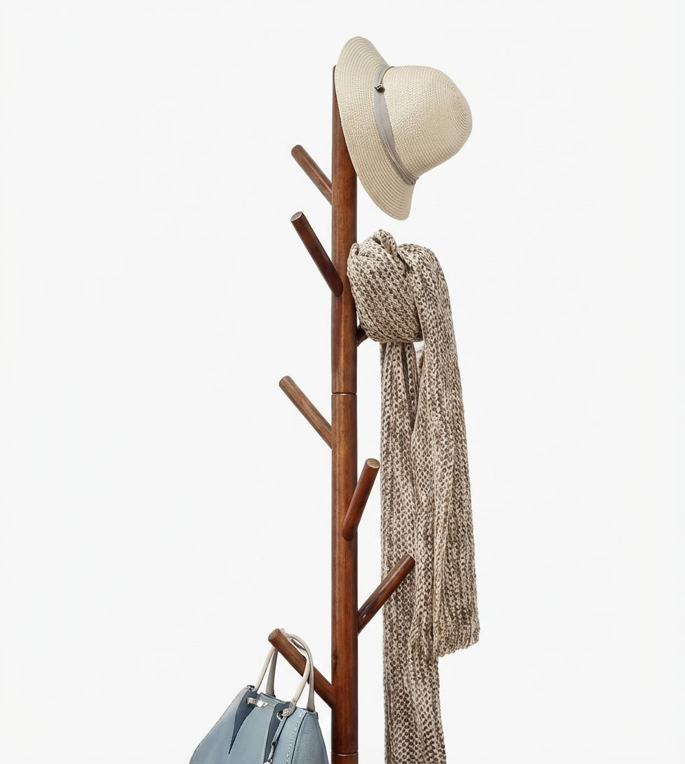 Porte Manteau sur Pied Arbre 12 Crochets Base Croisée bois foncé