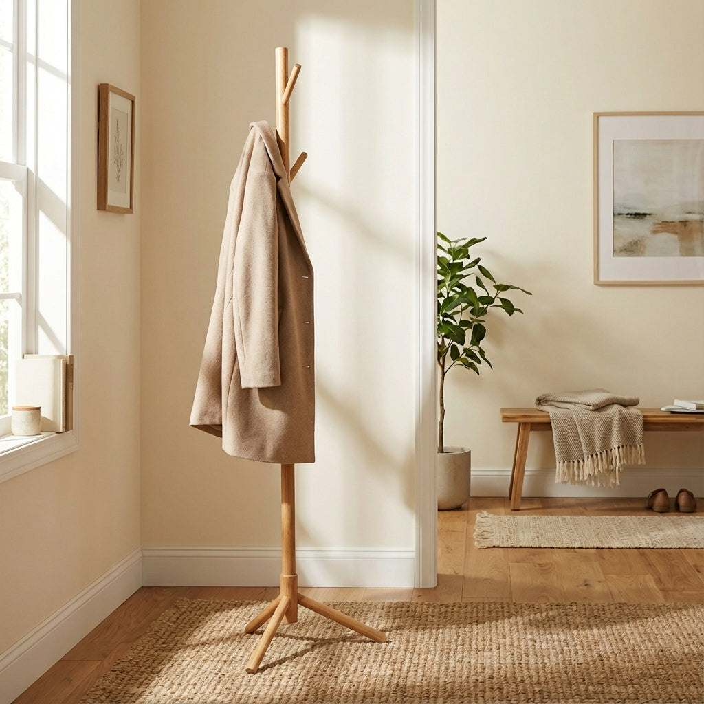 Porte Manteau sur Pied Arbre 12 Crochets Base Croisée bois claire