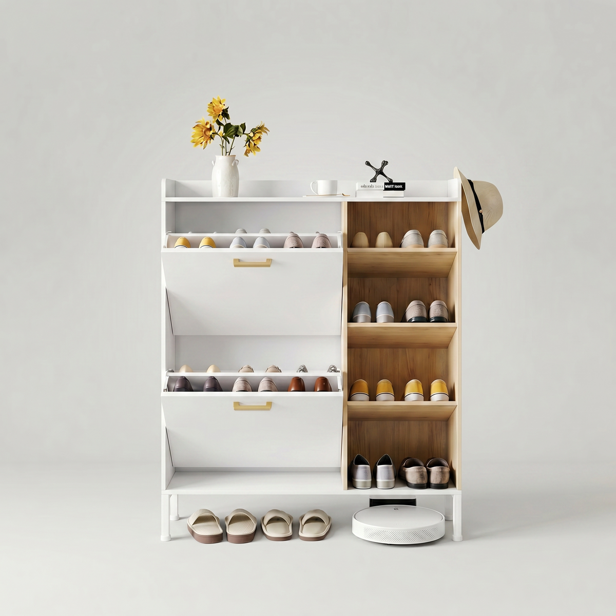 Meuble Chaussure Entrée Blanc et Bois