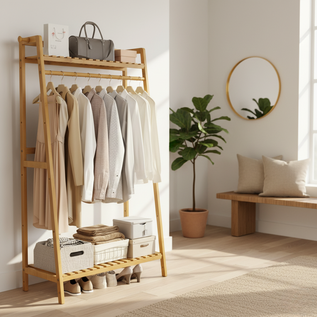 Porte Manteau Meuble Chaussure Dressing bois claire