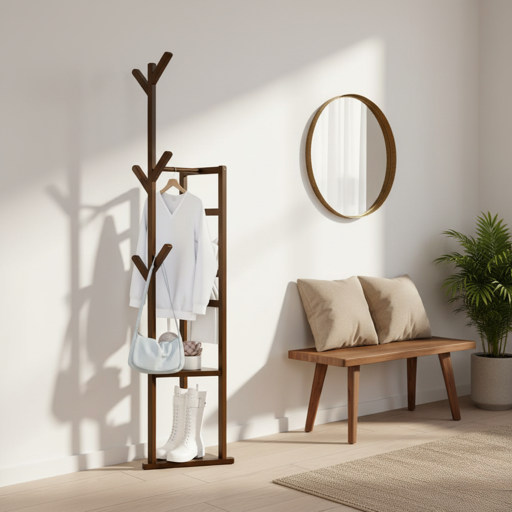 Porte Manteau sur Pied Multifonction bois foncé