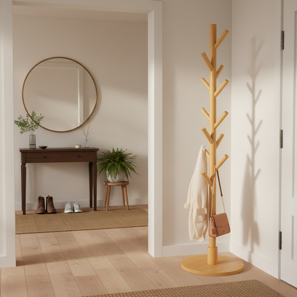 Porte Manteau sur Pied Arbre 12 Crochets bois claire