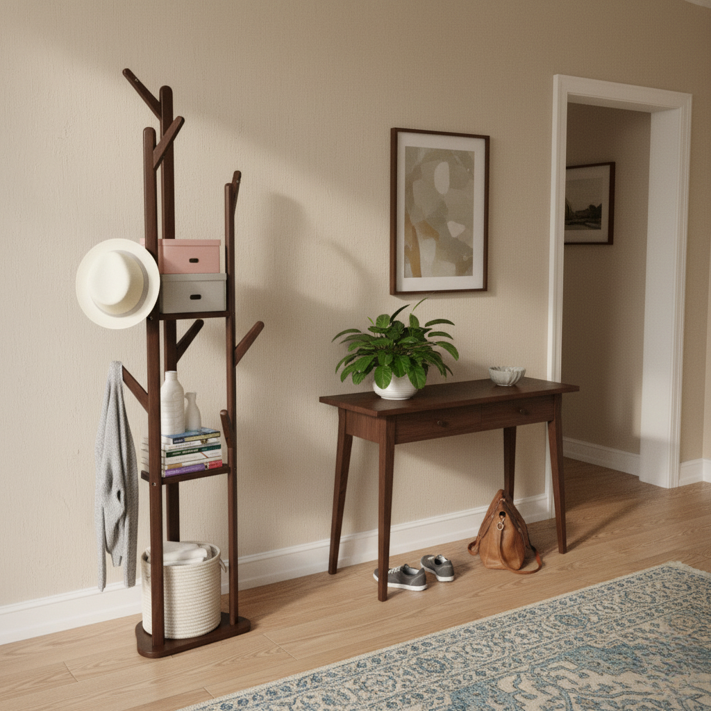 Porte Manteau sur Pied Entrée bois foncé