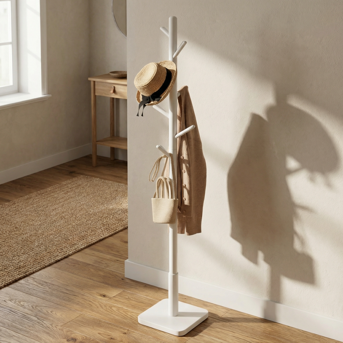 Porte Manteau sur Pied Arbre 8 Crochets blanc