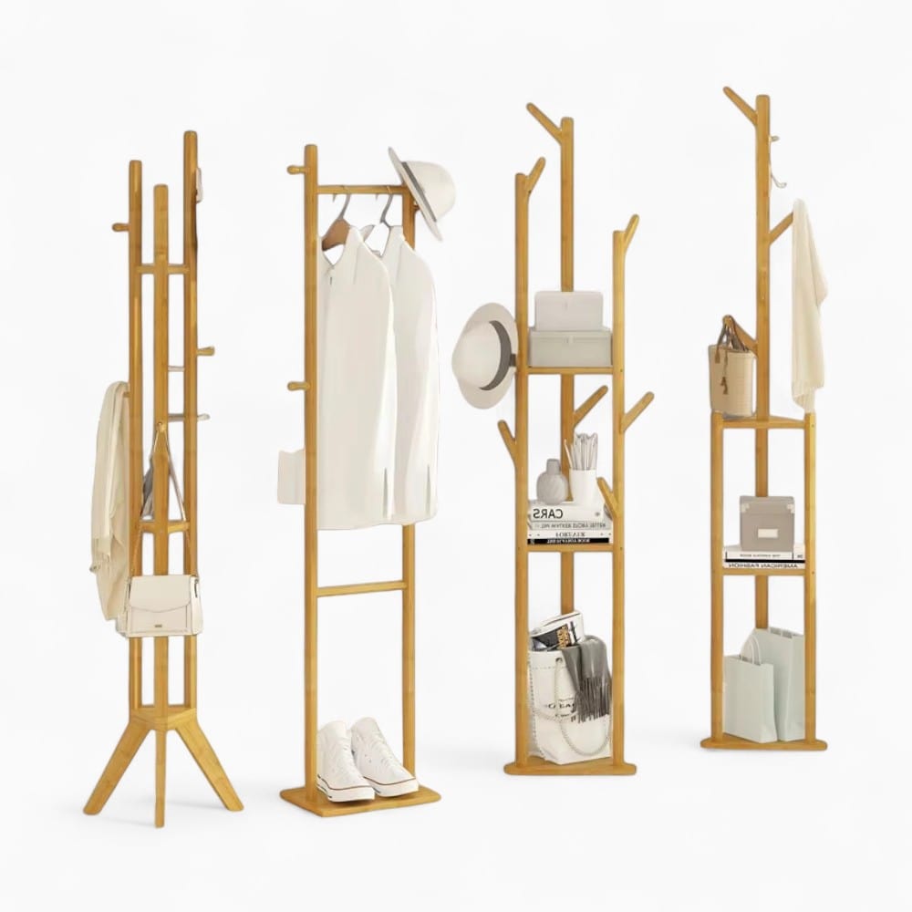 My Store Beige Porte Manteau sur Pied 3 Ranges bois