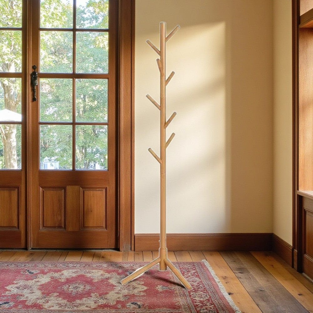 My Store Beige Porte Manteau sur Pied Arbre 12 Crochets Base Croisée bois claire