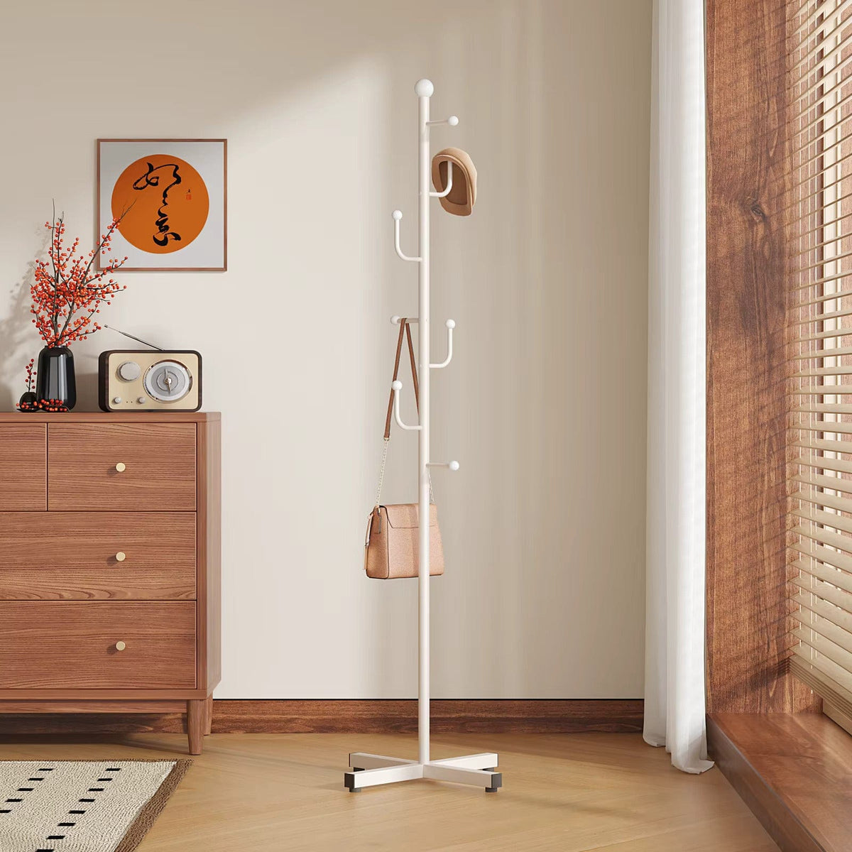 My Store Blanc Porte Manteau sur Pied Branche Champignon Base Croisée blanc