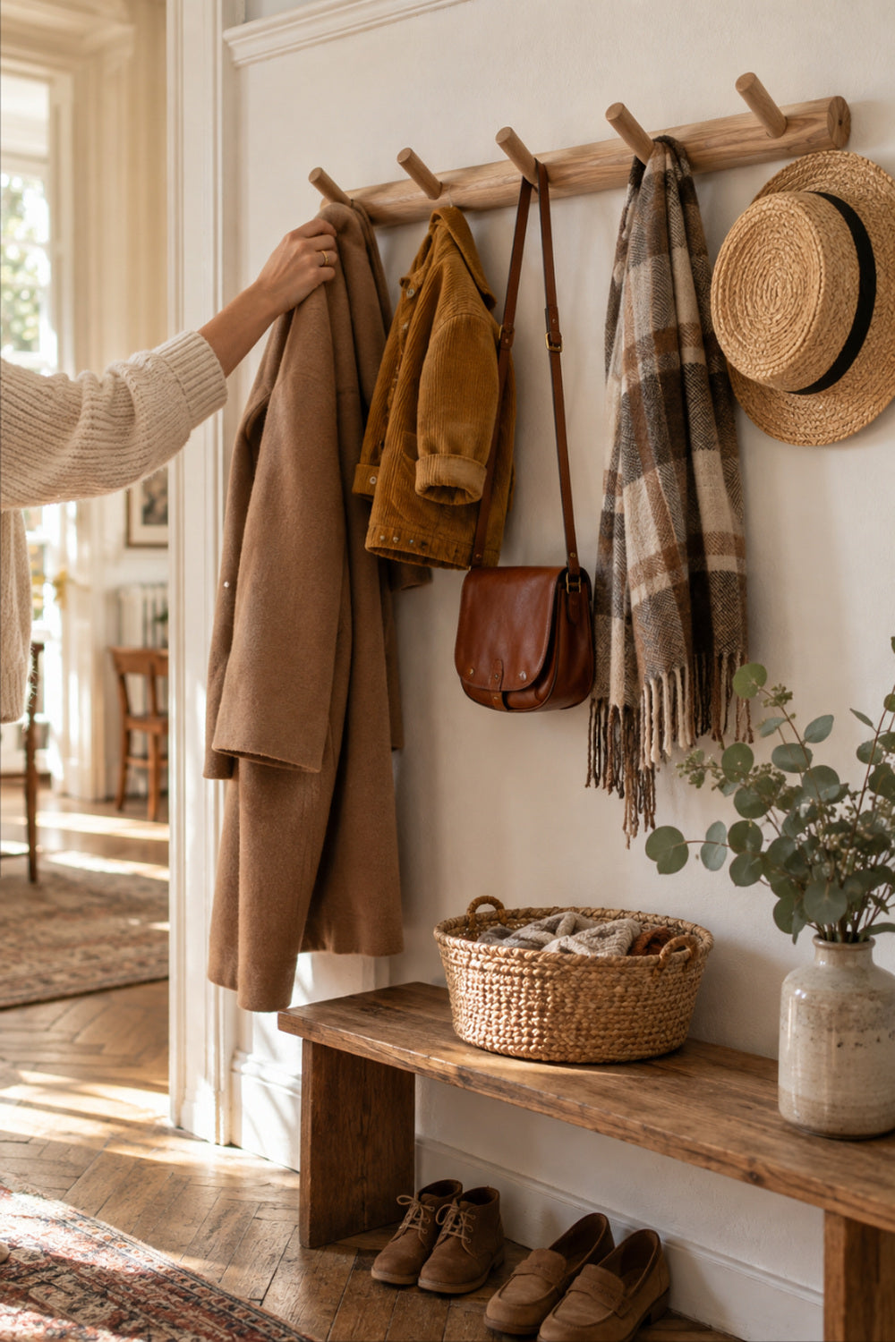 Main accrochant un manteau camel sur une patère murale en chêne à cinq chevilles, entrée lumineuse avec banc en bois et panier — Votre Porte Manteau Image