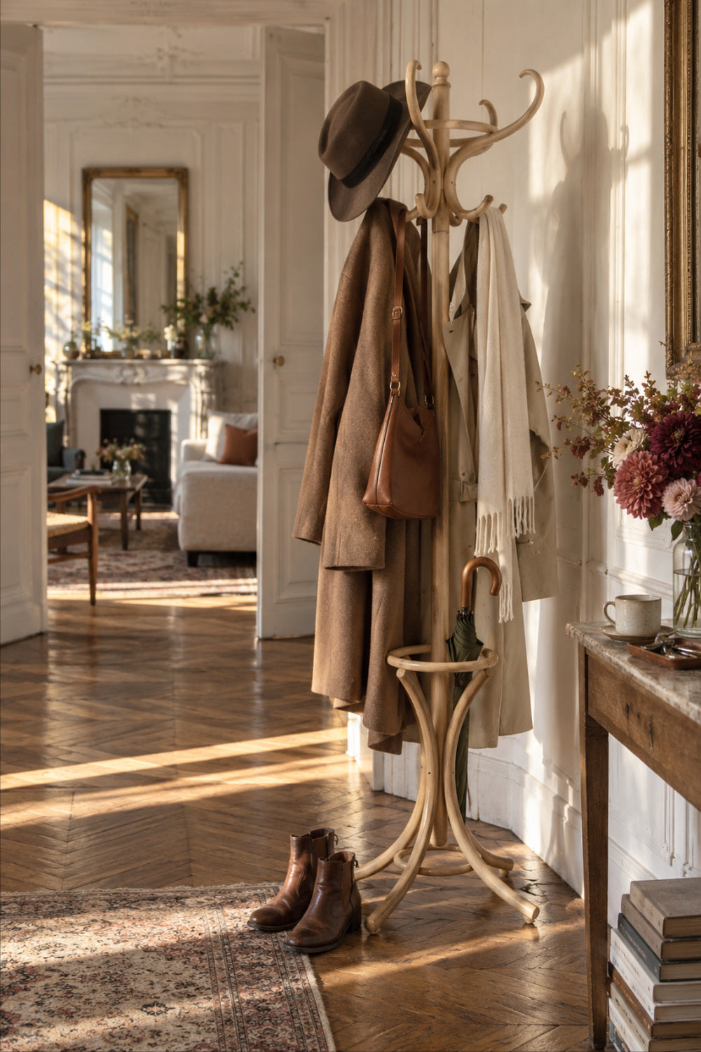 Porte-manteau perroquet en hêtre clair dans une entrée haussmannienne au petit matin, manteau camel, chapeau et parapluie — Votre Porte Manteau Image