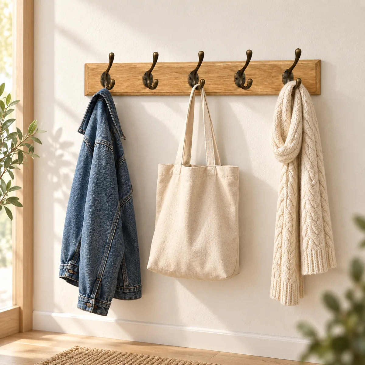 Porte Manteau entrée Ancien Grand Crochet bois claire installé dans une entrée lumineuse avec veste, sac et écharpe suspendus