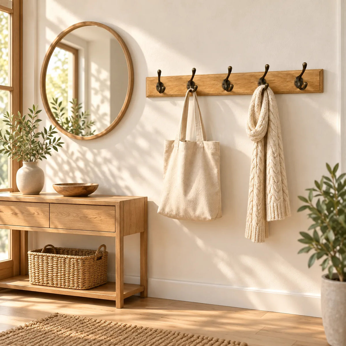 Porte Manteau entrée Ancien Grand Crochet bois claire dans une entrée déco premium avec miroir rond, console bois et plante