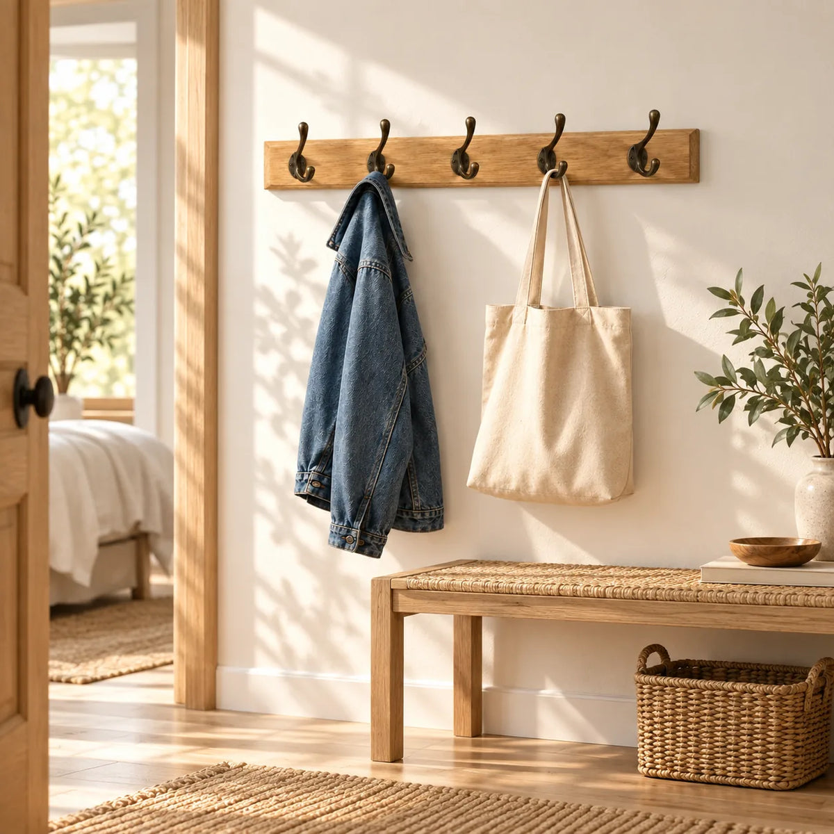 Porte Manteau entrée Ancien Grand Crochet bois claire dans un intérieur lumineux, ambiance déco chaleureuse et premium
